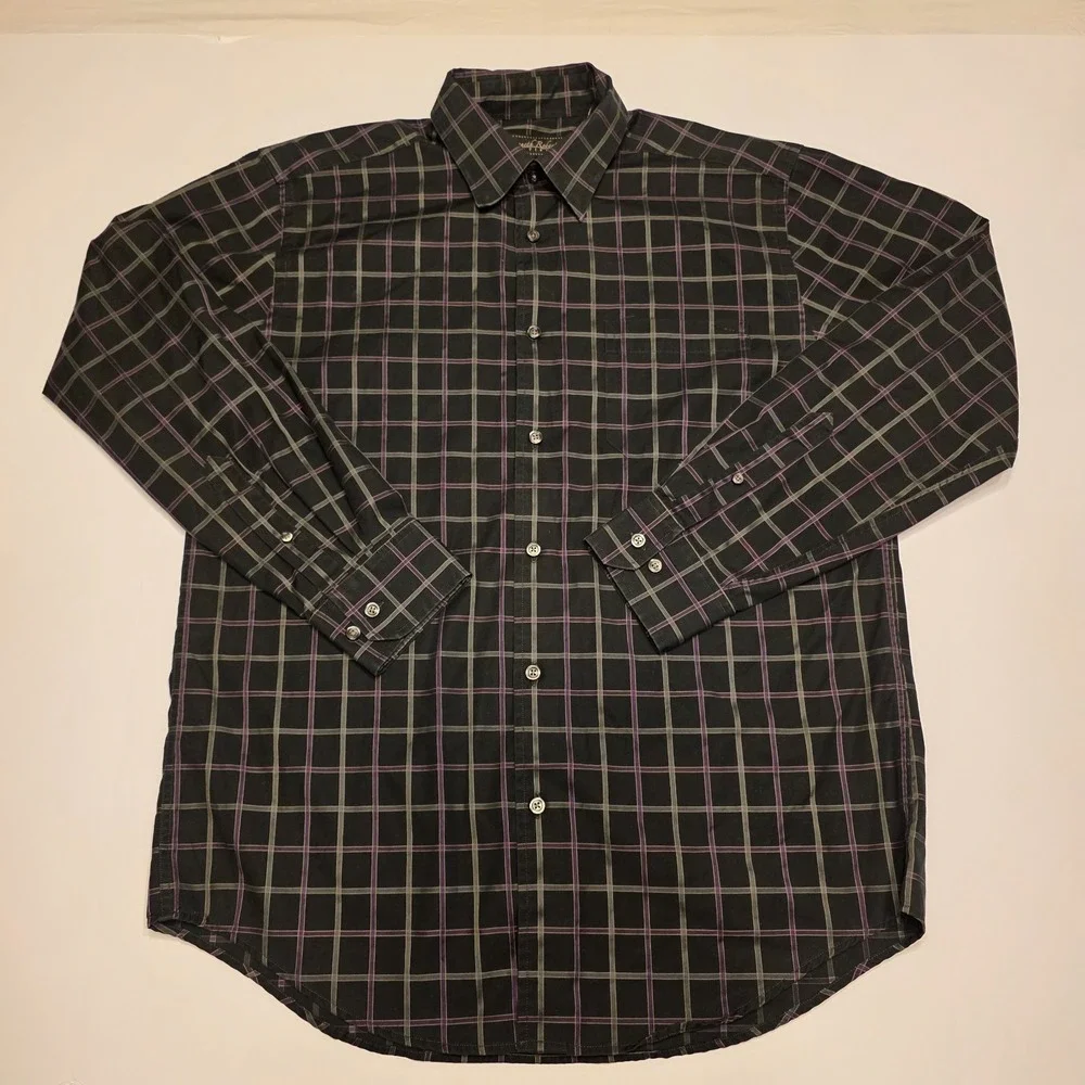 Kenneth Roberts Platinum Mens Large Black Purple‎ Plaid Paisley Dress Shirt